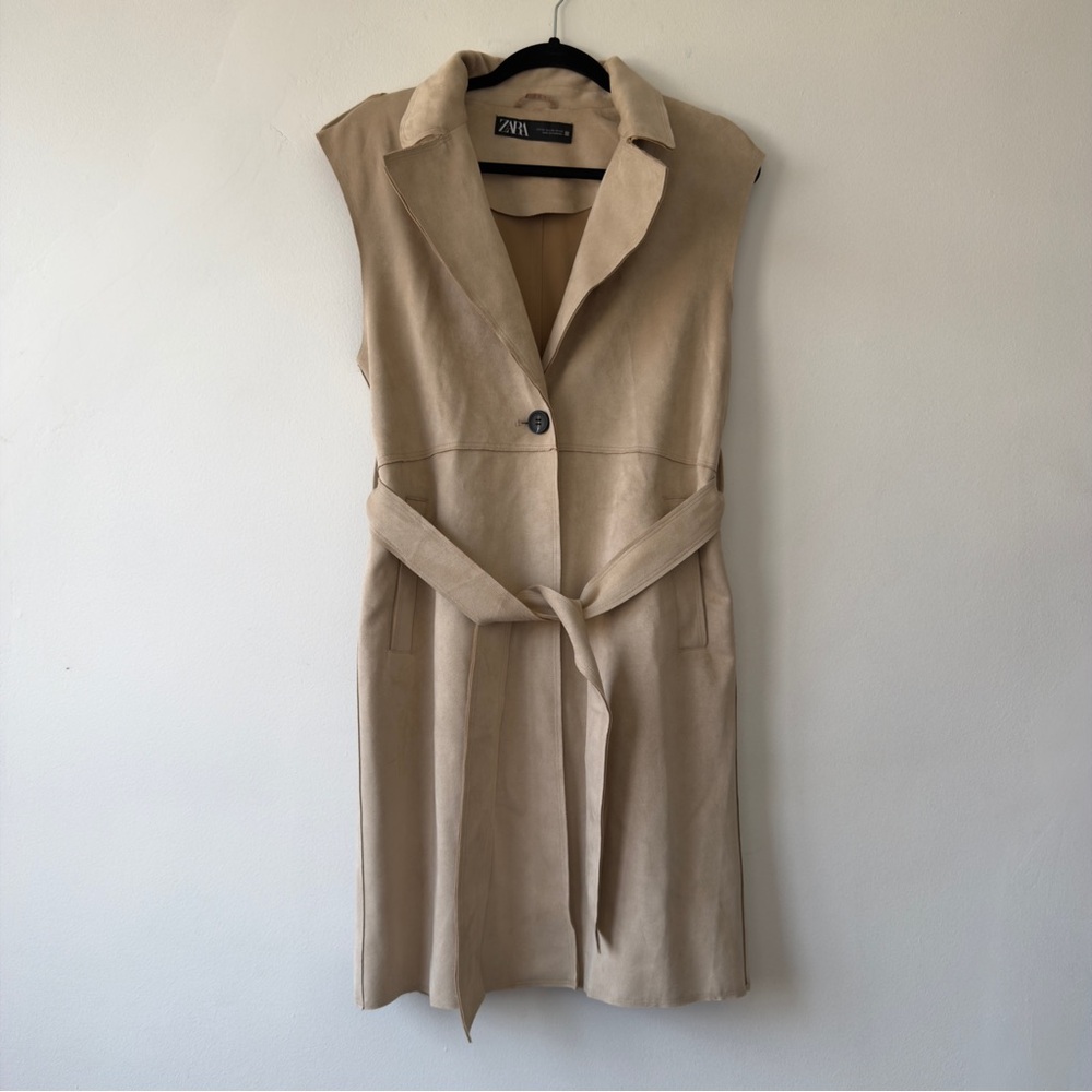 Zara‎ Faux Suede Sleeveless Trench Vest Tan Beige Belted Longline XS